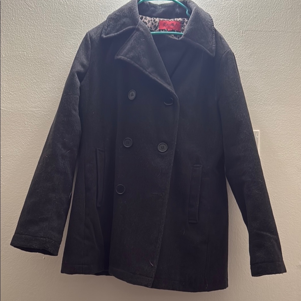 Black Pea Coat with Structured Silhouette and Thick Material